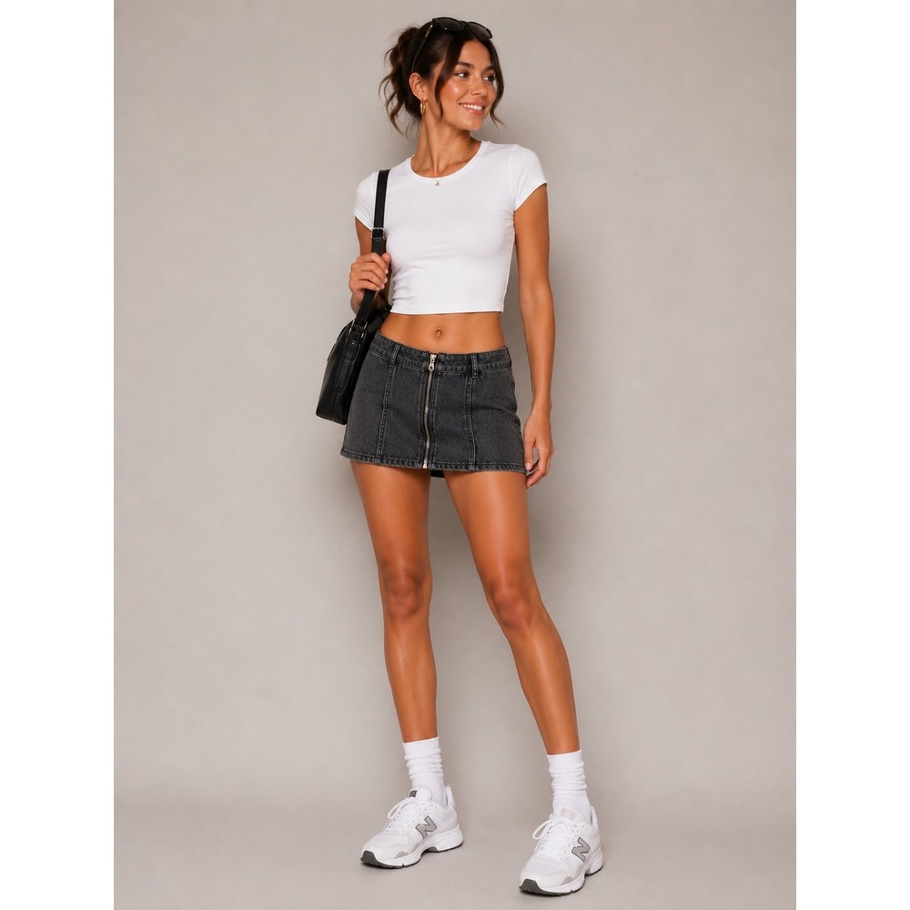 GRLFRND Women 29 Faded Black Denim Paneled Front Zip Mini‎ Skirt High Rise Gray